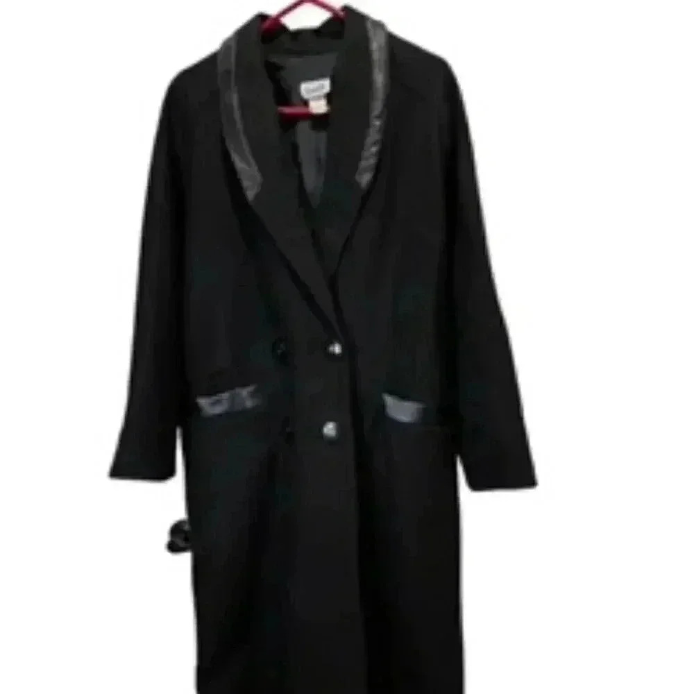 Sonata Lined Full Length Wool Overcoat‎ Leather Accents VTG 1980’s Women's Large